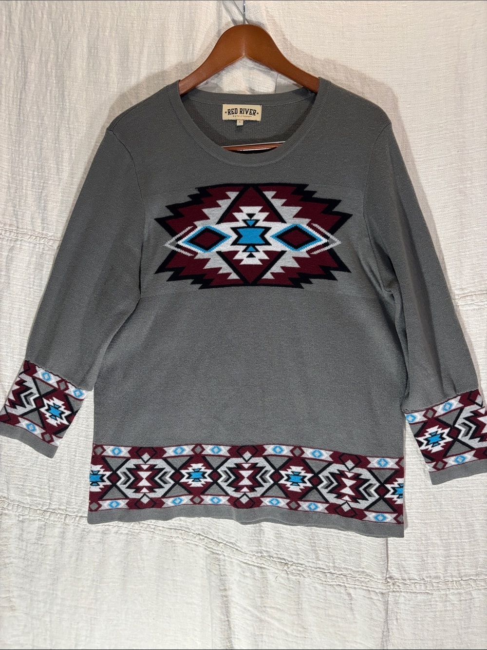 Red River Southwestern Aztec Knit Sweater Grey Wool Blend Size Large EUC